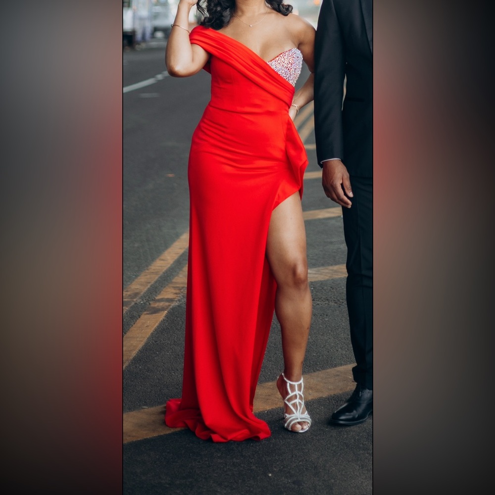 Jovani sequined one shoulder Red Prom Dress / Engagement shoot gown
